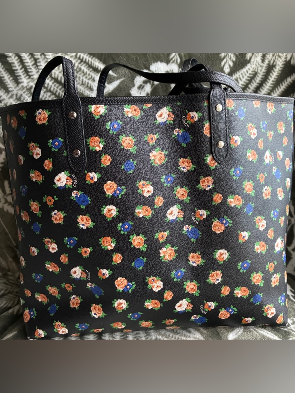 Coach Black Floral Print Tote with Orange and Blue Blooms,REVERSIBLE Bag - Picture 13 of 15